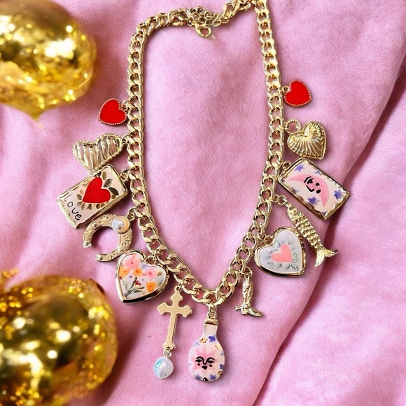 Gold toned chunky charm necklace with Heart and Love Accents - Picture 7 of 17